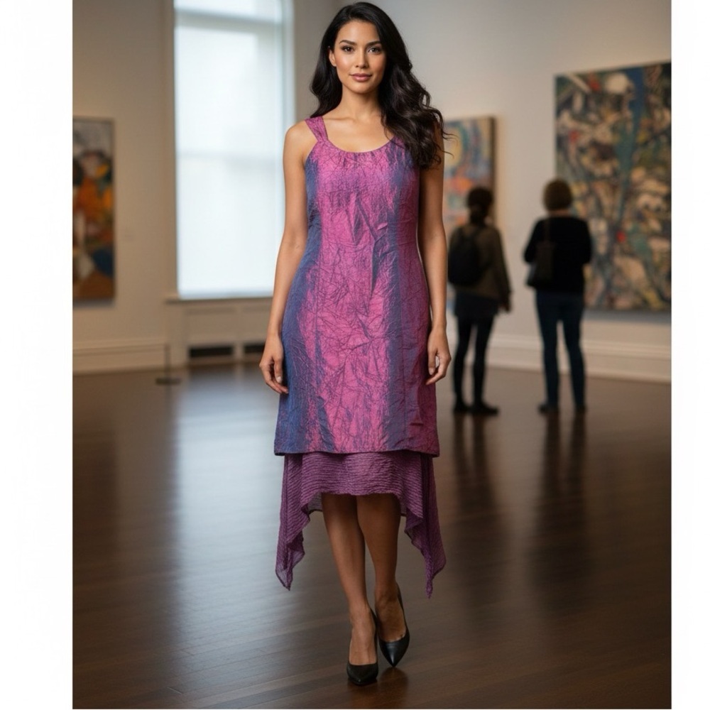 Cheri Milaney 100% Silk Iridescent Pink Sleeveless Asymmetric Hem Dress Size 8